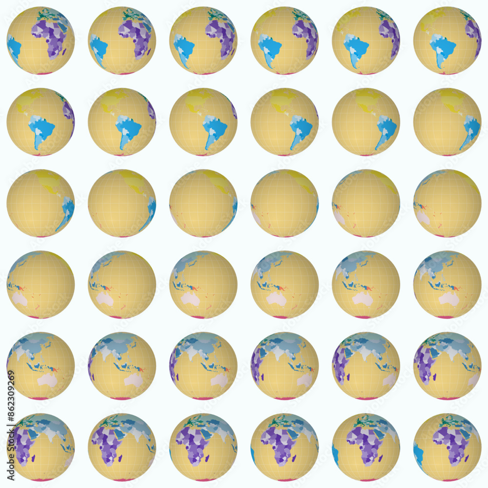 Poster collection of globes. normal sphere view. rotation step 10 degrees. colored countries style. world m