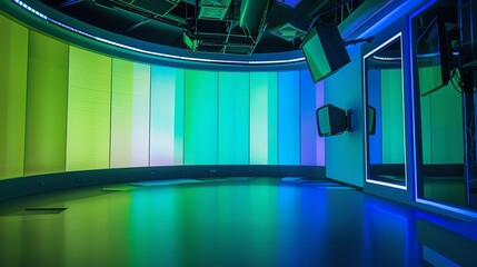 background studio television modern green screen, a photo of a bright television studio, colour palette of , , curved, low angle, background for green screen, modern, green and blue, 16:9