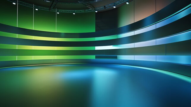 background studio television modern green screen, a photo of a bright television studio, colour palette of , , curved, low angle, background for green screen, modern, green and blue, 16:9