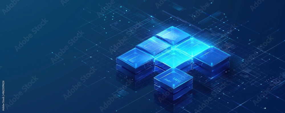 Poster digital blocks forming a futuristic design on a blue background, symbolizing technology and data pro