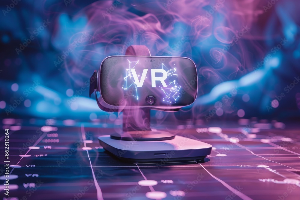 Poster vr headset floating in a cybernetic space, highlighting the futuristic design and virtual reality ca