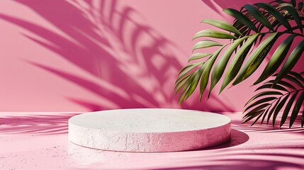 Obraz premium A white round table with palm leaves on a pink background.