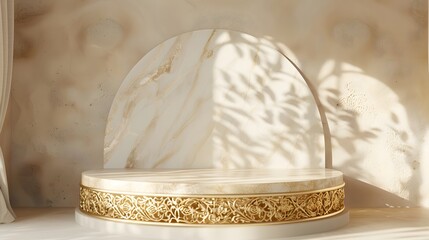 Beauty fashion luxury podium backdrop for product display. minimalist gold, marble and white background. 3d render.