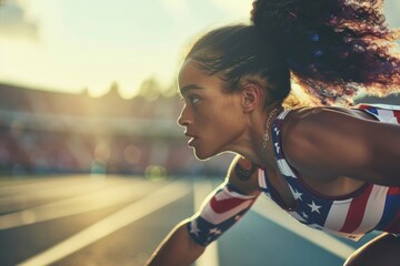 female athlete from USA bursts into action from the starting blocks, her athletic gear adorned with the nation's flag pattern, against the energetic atmosphere of a sports stadium.