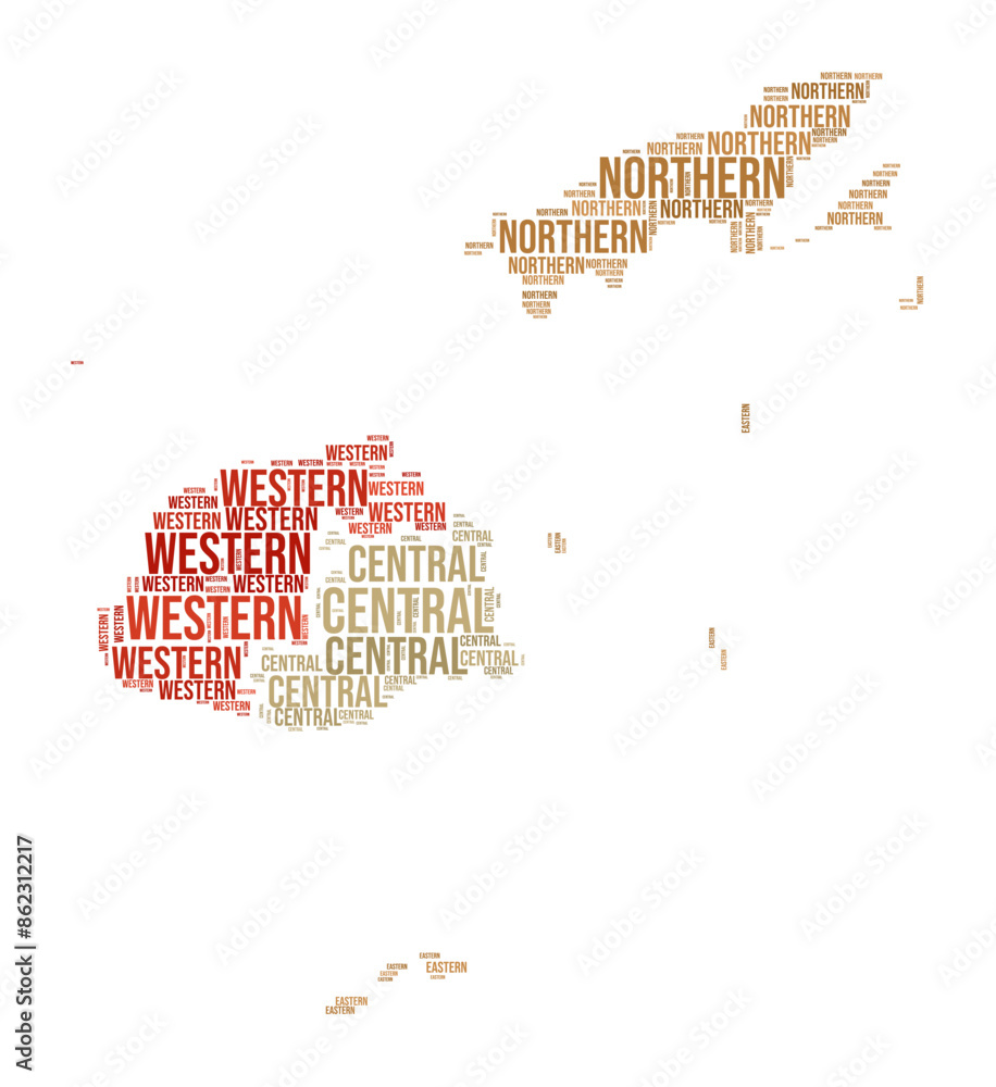 Poster fiji word cloud. country shape with region division. fiji typography style image. region names tag c