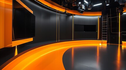 background studio television modern green screen, a photo of a bright television studio, colour palette of , curved, low angle, background for green screen, modern , 16:9, orange, black