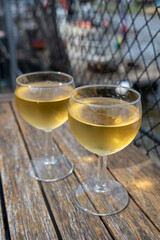 Tasting of Bordeaux white wine, right bank of Gironde Estuary, France. Glasses of white sweet French wine served in outdoor restaurant on oysters farm in Gujan-Mestras, Arcachon bay