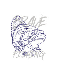 handrawn fishing logo illustration, grunge with text brave and fishing