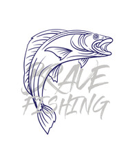 handrawn fishing logo illustration, grunge with text brave and fishing