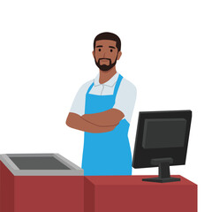 Supermarket store counter desk and cashier clerk in uniform folded his hands. Flat vector illustration isolated on white background