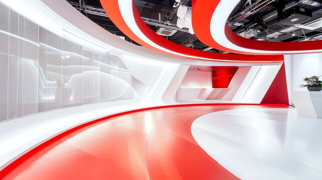 background studio television modern green screen, a photo of a bright television studio, colour palette of , red and white, curved, low angle, background for green screen, modern, 16:9, red and white