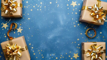 gifts with golden bows and ribbons placed on background near stars with copy space