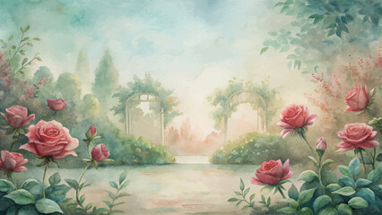 Tranquil rose garden watercolor background