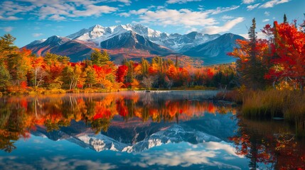 Obraz premium A lake with mountains and trees in the fall.
