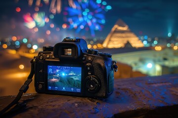 Digital camera over tripod on blur of firework with cityscape night light view of Taipei. Taiwan city skyline at twilight time