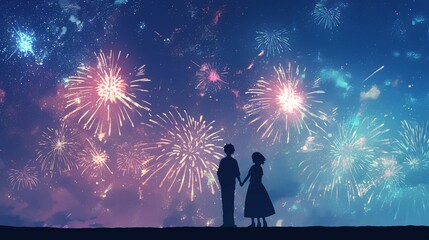 カップルのシルエットときれいな花火5