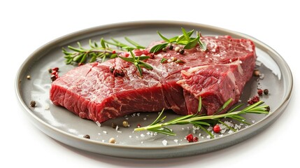 Fototapeta premium Raw tri-tip steak with fresh herbs and spices on a plate, isolated background