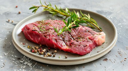 Fototapeta premium Raw tri-tip steak with fresh herbs and spices on a plate, isolated background