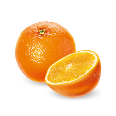 Whole orange with a cut half on a white background.