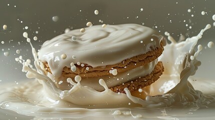 Fototapeta premium Sandwich cookie entering milk, surrounded by splash and droplets