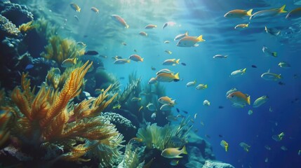 Obraz premium School of tropical fish swimming over a lush coral reef in a serene underwater seascape