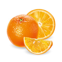 Whole orange with slices on a white background.