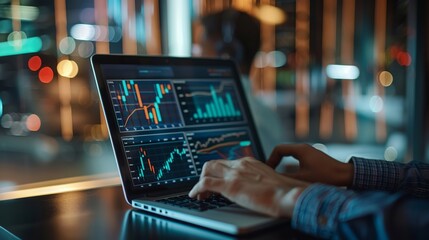 An analyst is depicted working on a laptop, displaying business analytics data and a data management system.