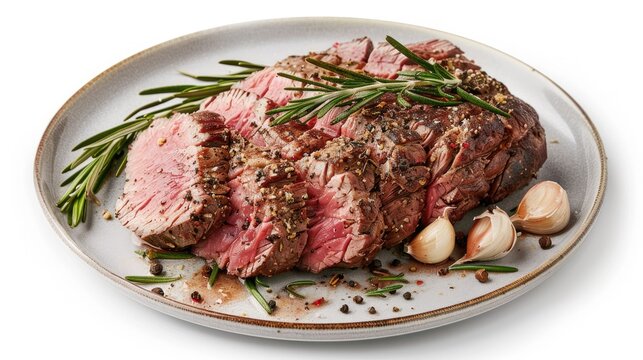 Seasoned tri-tip beef steak on a plate with fresh rosemary and garlic cloves, isolated
