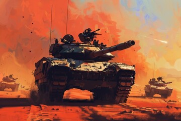 Military Tanks in a Dusty Battlefield