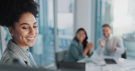 Woman, business and colleagues with presentation in office, company leader with collaboration for...