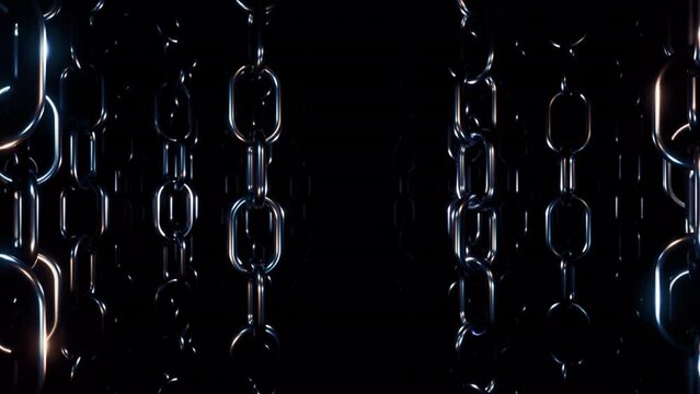 Steel narrow chains hanging on a black background. Design. Many chains creating effect of moving in corridor.