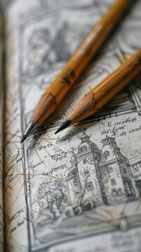 Highquality photo of a sketchbook with detailed pencil drawings and sketches, isolated on a white background with space for text or design elements