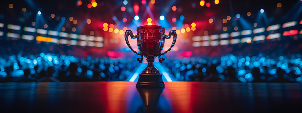 Golden trophy cup with flying confetti, The esports winner trophy standing on the stage in the middle of the arena of the computer video game. A golden trophy takes center stage on a desk against. 