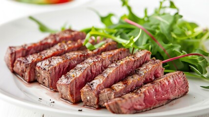 Sliced beef steak with a side of greens on a white plate, isolated on white