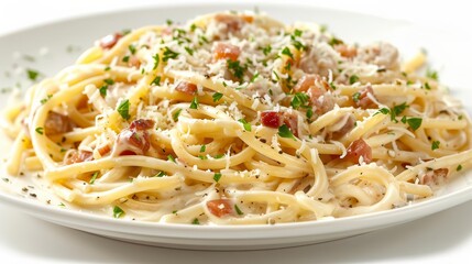 Detailed photo of a plate of pasta carbonara with creamy sauce, sprinkled with Parmesan cheese and parsley, isolated on a white background with ample copy space