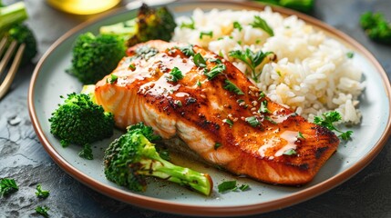 Tasty baked hot honey salmon with rice and broccoli, a wholesome homemade dish