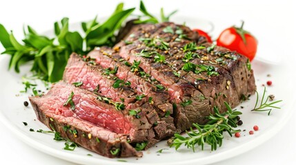 Tri-tip beef steak with seasoning and herbs on a plate, isolated on white