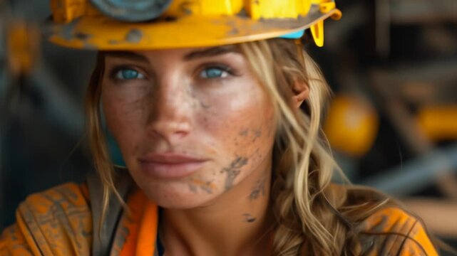 portrait of a worker woman in the construction site with a dusty face