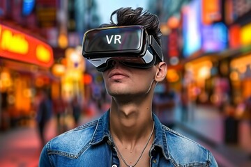 Stylish young man using a VR headset in a bustling urban setting, exploring virtual reality in a lively city environment