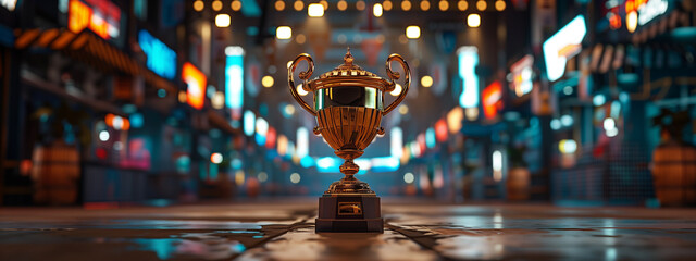 Golden trophy cup with flying confetti, The esports winner trophy standing on the stage in the middle of the arena of the computer video game. A golden trophy takes center stage on a desk against. 