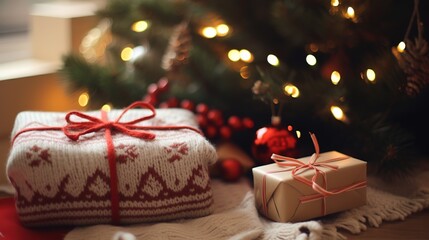 presents and a fair isle jumper with a bow and a gift card with the message Stay warm writen on it.