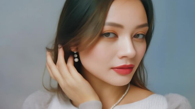 portrait of a supermodel woman posing beautifully with solid color background like inside studio