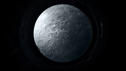 Close-up of the lunar surface from a spacecraft porthole.