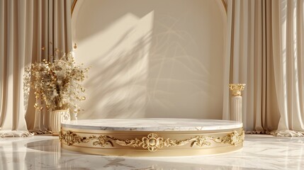 Beauty fashion luxury podium backdrop for product display. minimalist gold, marble and white background. 3d render.