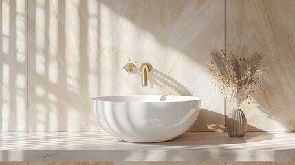 Fototapeta premium A luxurious scene showcasing a white stone vanity counter with a modern bowl washbasin and a gold chrome faucet. The sunlight streaming in casts elegant shadows on a cream wood panel wall.