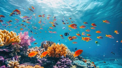 Vibrant tropical coral reef teeming with colorful fish and diverse marine life in clear blue waters