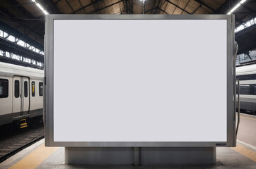 Fototapeta premium Large blank mockup billboard stands in train station offering opportunity for advertising