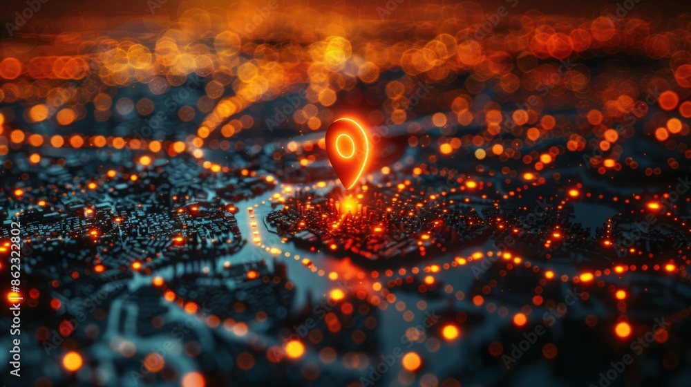 Poster a cityscape with a glowing dot in the middle. generate ai image