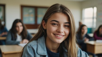 Fototapeta premium Happy teenage girl sitting indoor writing learning in the classroom at high school college looking at camera