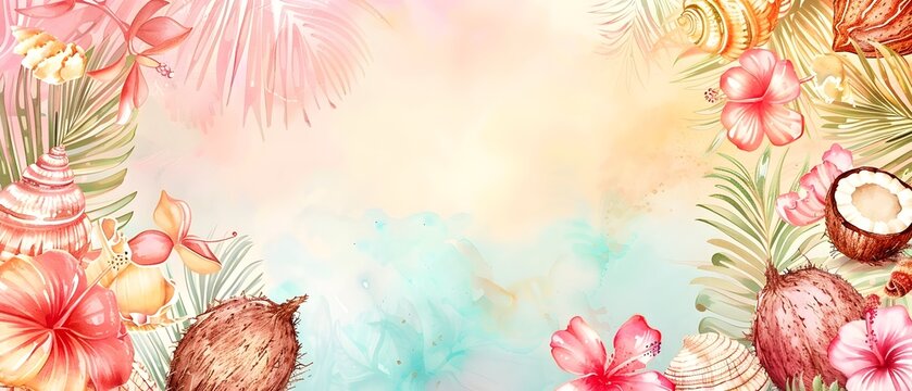 Watercolor Tropical Summer Doodle Border Design with Blank Space for Mockup